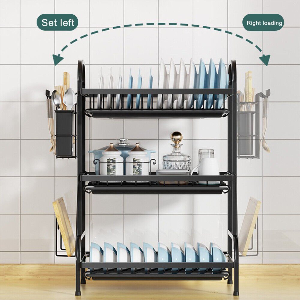 3 Tier Dish Drainer Rack With Drip Tray Cutlery Holder Plate Rack Kitchen Sink GoodsCorner