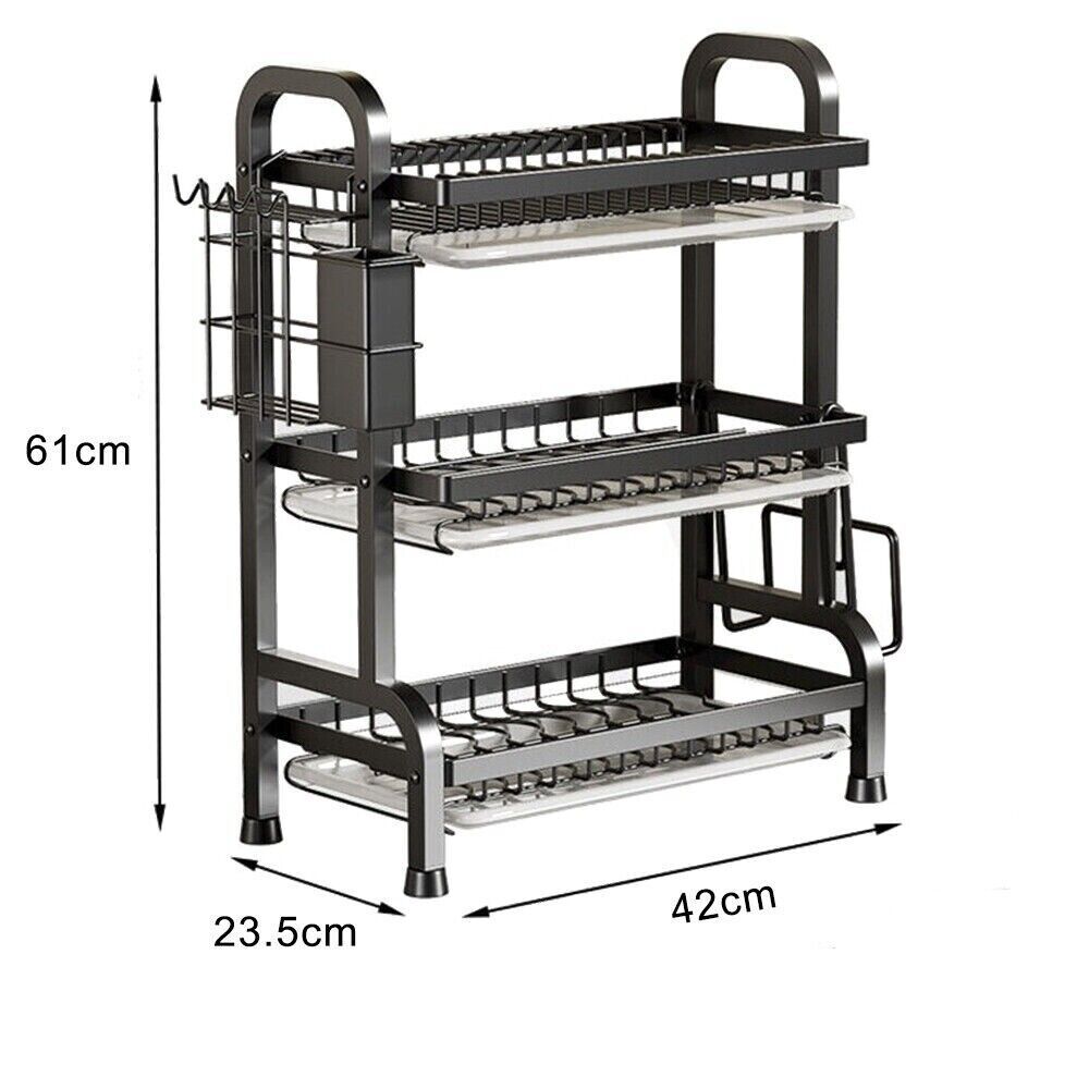 3 Tier Dish Drainer Rack With Drip Tray Cutlery Holder Plate Rack Kitchen Sink GoodsCorner