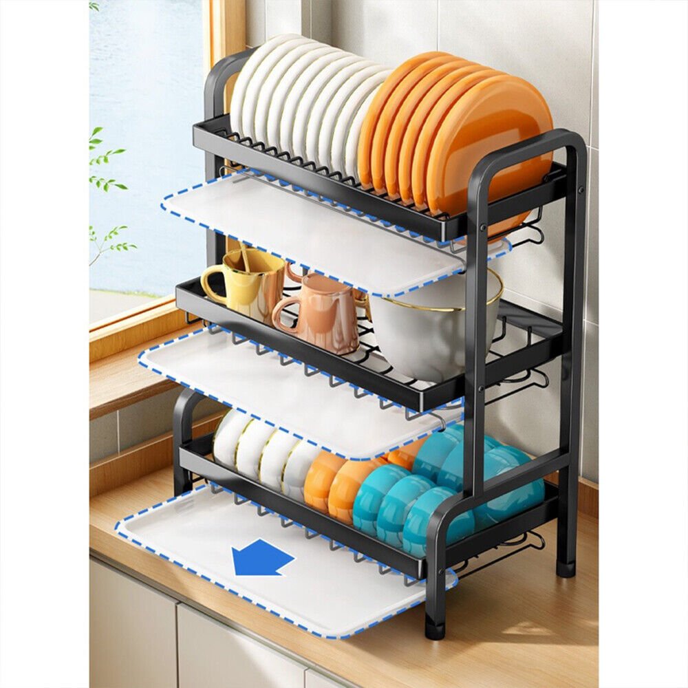 3 Tier Dish Drainer Rack With Drip Tray Cutlery Holder Plate Rack Kitchen Sink GoodsCorner