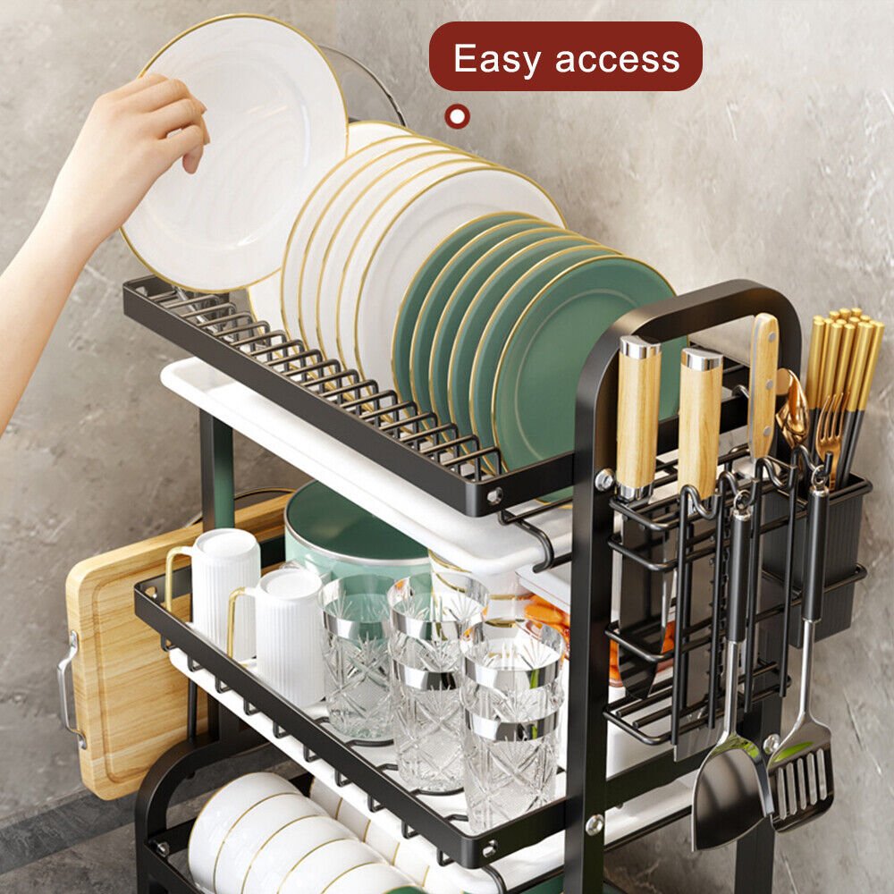 3 Tier Dish Drainer Rack With Drip Tray Cutlery Holder Plate Rack Kitchen Sink GoodsCorner