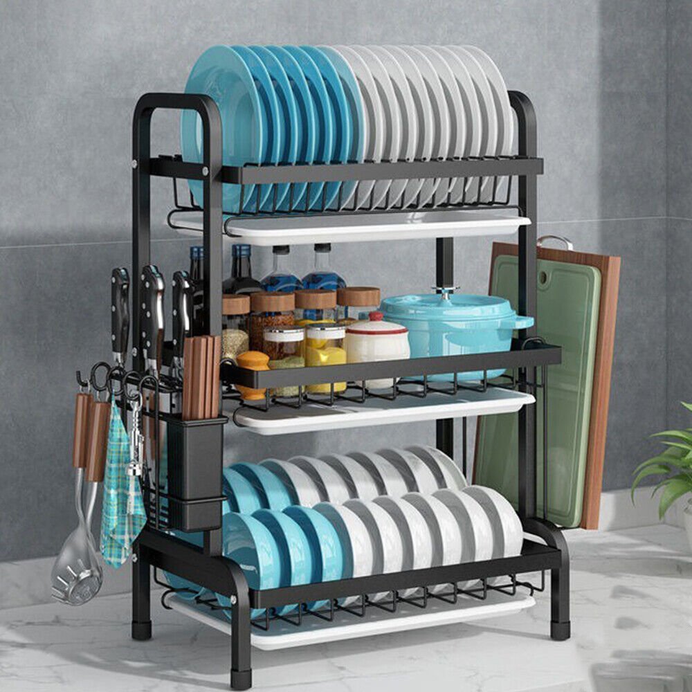 3 Tier Dish Drainer Rack With Drip Tray Cutlery Holder Plate Rack Kitchen Sink GoodsCorner