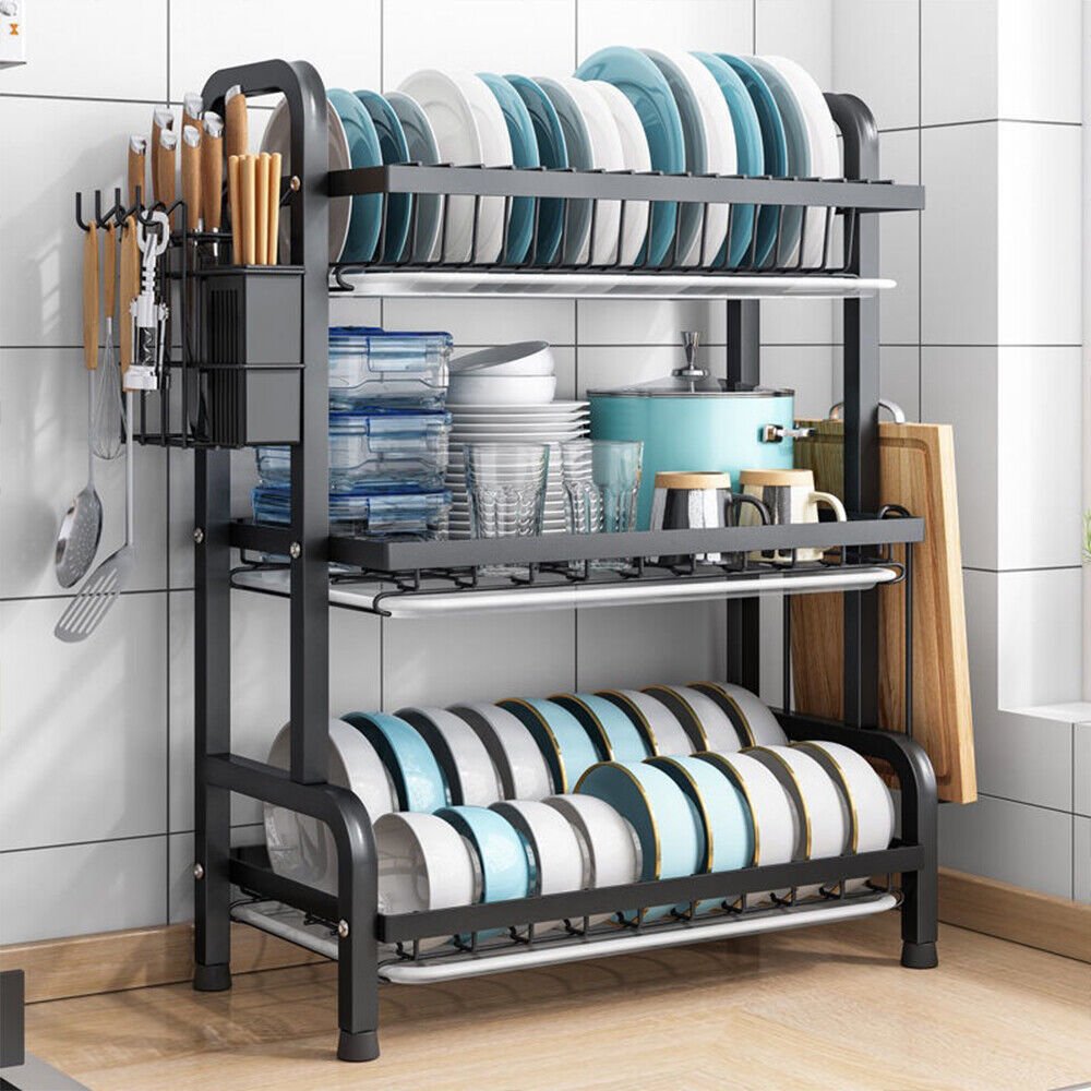 3 Tier Dish Drainer Rack With Drip Tray Cutlery Holder Plate Rack Kitchen Sink GoodsCorner