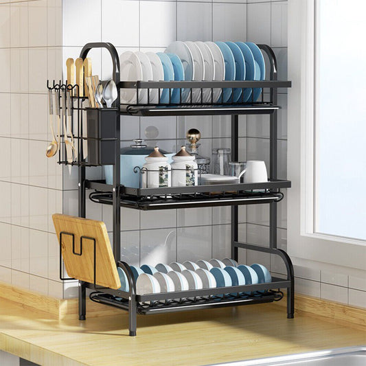 3 Tier Dish Drainer Rack With Drip Tray Cutlery Holder Plate Rack Kitchen Sink GoodsCorner