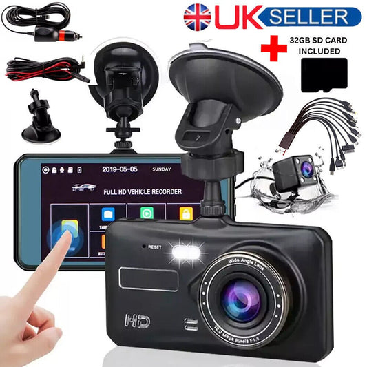 Dashcam Pro Dual Lens Car Camera – 1080P Full HD Front & Waterproof Rear, 32GB SD Card, 4'' IPS Touch Screen, G - Sensor, WDR, Parking Monitor GoodsCorner